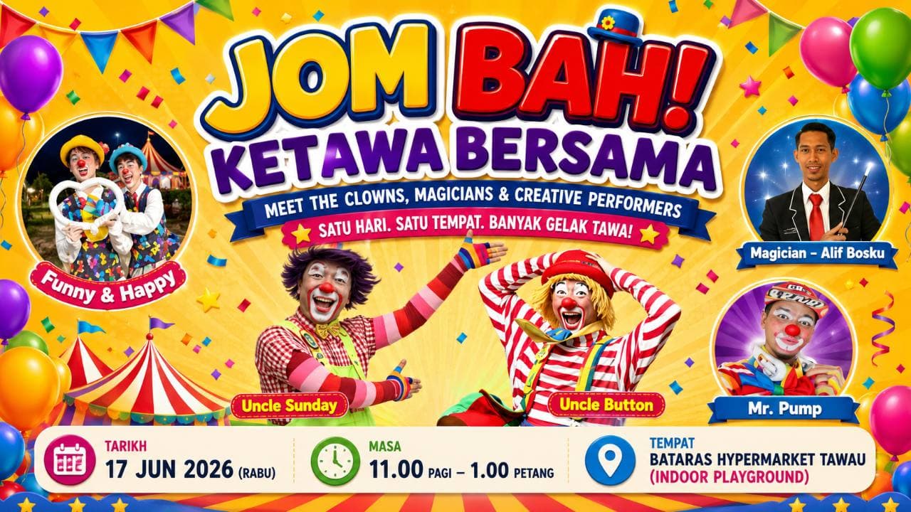 Jom Bah Ketawa Bersama roadshow banner featuring Uncle Sunday and performers